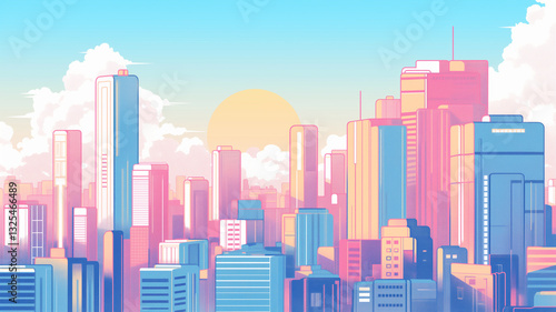 80年代アニメ風の近未来都市シーン｜ピンクとブルーの夕焼け空に浮かぶ高層ビル群｜シティポップなカラーリングが美しい都市の夕景｜ノスタルジックなレトロフューチャーイラスト