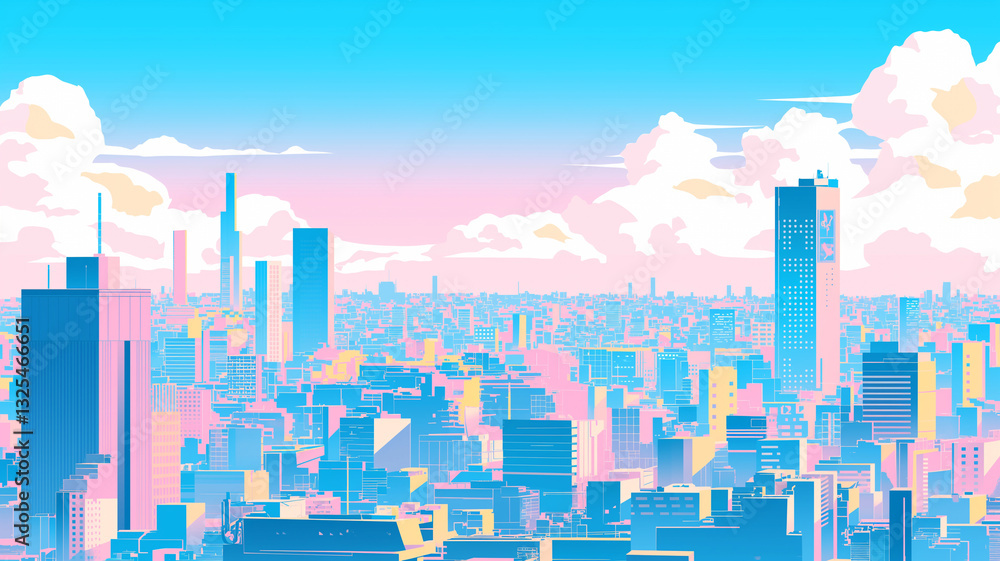 Fototapeta premium ピンクとブルーのグラデーションが美しい夕焼けの都市風景｜シティポップ風のレトロモダンな高層ビル群｜SFアニメのような未来都市の幻想的な夜景｜ノスタルジックな80年代スタイルの都会の夕暮れ