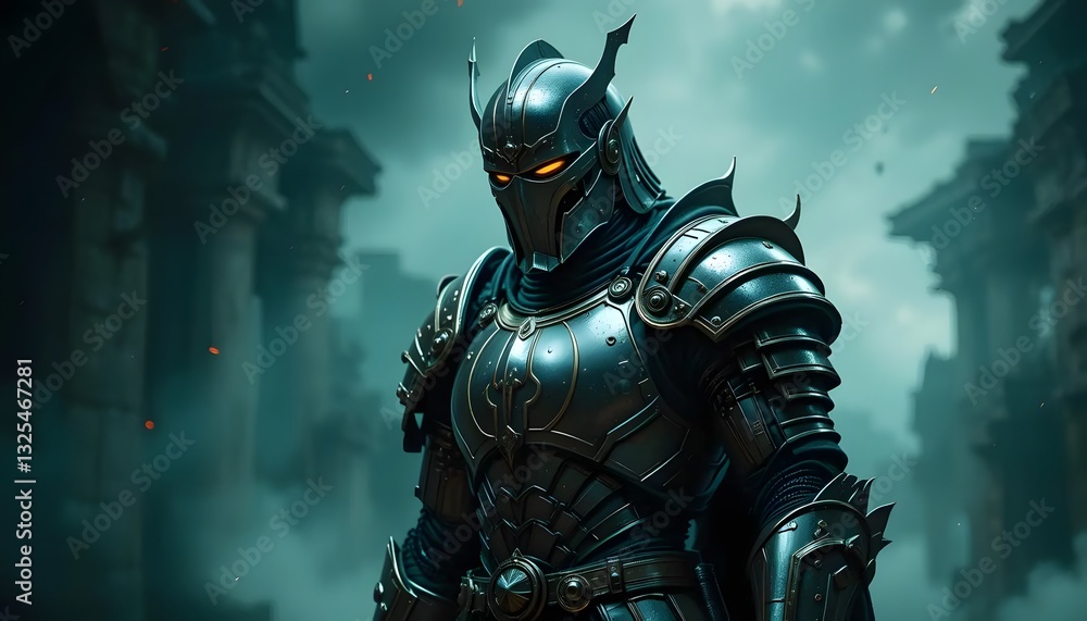 Naklejka premium Armored Warrior Standing Guard Amidst Ancient Ruins with Ominous Lighting