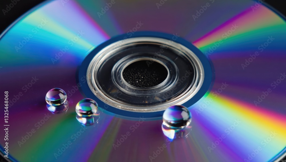Macro close-up of water droplets on colorful cd surface reflecting vivid rainbow hues for science and art design Macro close-up of water droplets on colorful cd surface reflecting vivid rainbow hues for science and art design
