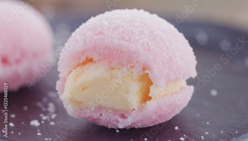 Macro shot of delicate mochi ice cream ball in slow motion with high contrast detail