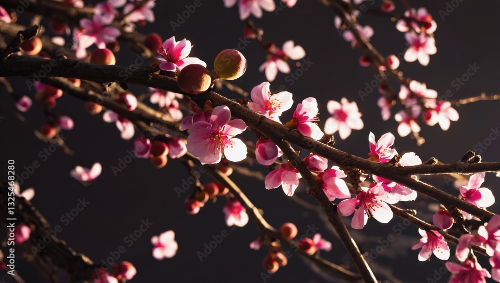 Naklejka premium Low angle view of pink and white peach blossoms in high contrast for nature-themed print and decor