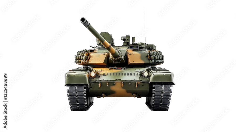 Front view of a military tank in camouflage pattern with turret raised and gun barrel forward
