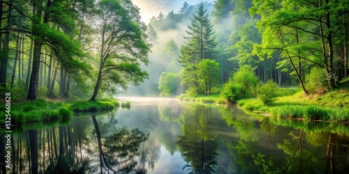 Forest Pond with Foggy Mist, greenery, idyllic,  greenery, idyllic, scenery, panoramic, calm, bird's eye view, woodlands
