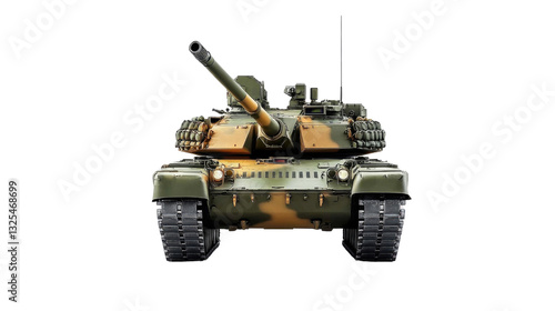 Obraz na płótnie Front view of a military tank in camouflage pattern with turret raised and gun barrel forward w salonie
