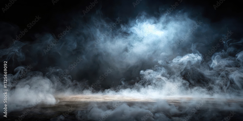 Naklejka premium Misty atmosphere with fog swirling on a dark black background, evoking an eerie and mysterious ambiance , darkness