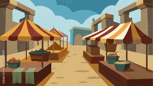 The village market once bustling with merchants and eager customers is now a ghost town with empty stalls and abandoned goods left to rot.. Vector illustration