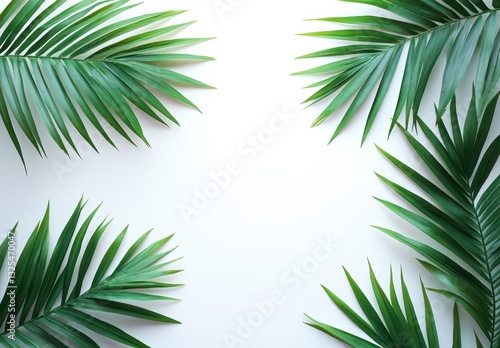 Lush Green Tropical Palm Leaves Bordering Empty White Space for Freshness and Nature Inspired Designs and Backgrounds