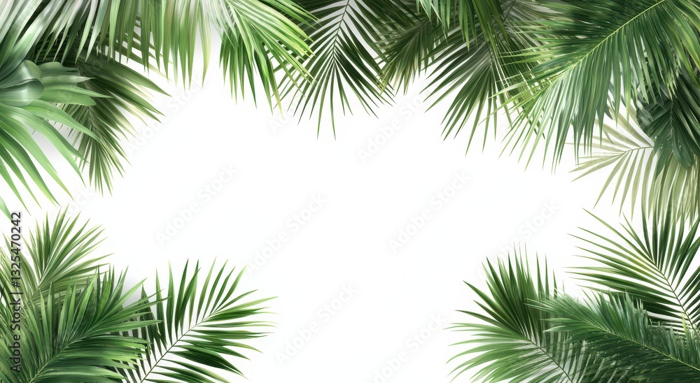 Fototapeta premium Lush Green Tropical Palm Leaves Framing a Blank Space for Text or Design in a Minimalist Style Background