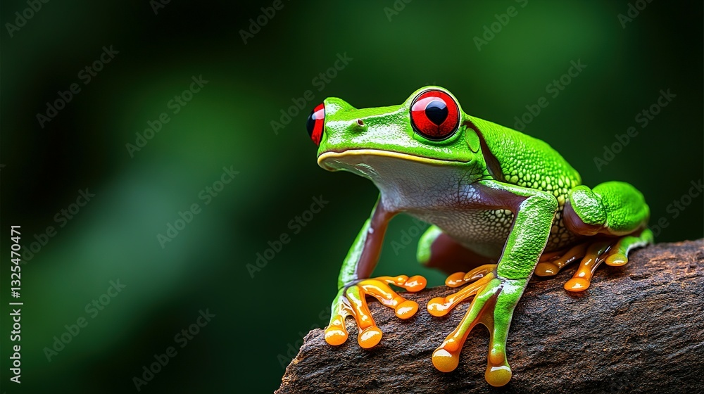 Obraz premium A vibrant green frog with red eyes is perched on wood