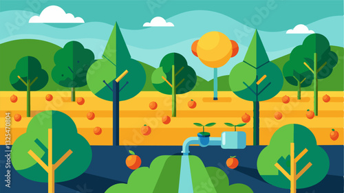 Utilizing advanced irrigation scheduling algorithms the orchards water usage is optimized to promote plant growth while conserving resources.. Vector illustration