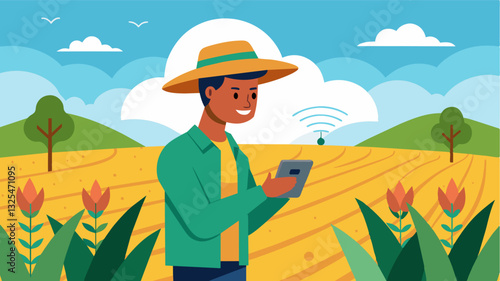 With the help of precision soil moisture sensors a farmer is able to optimize irrigation timing and amount leading to higher crop yields.. Vector illustration