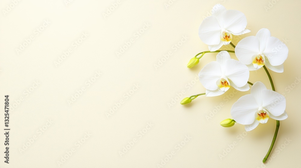 Obraz premium A delicate arrangement of white orchids against a soft yellow background, exuding elegance and tranquility.