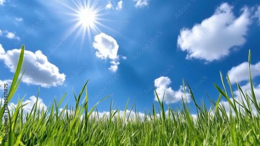 Fototapeta premium A bright blue sky dotted with fluffy clouds above lush green grass, illuminated by the warm sun, creating a serene natural landscape.