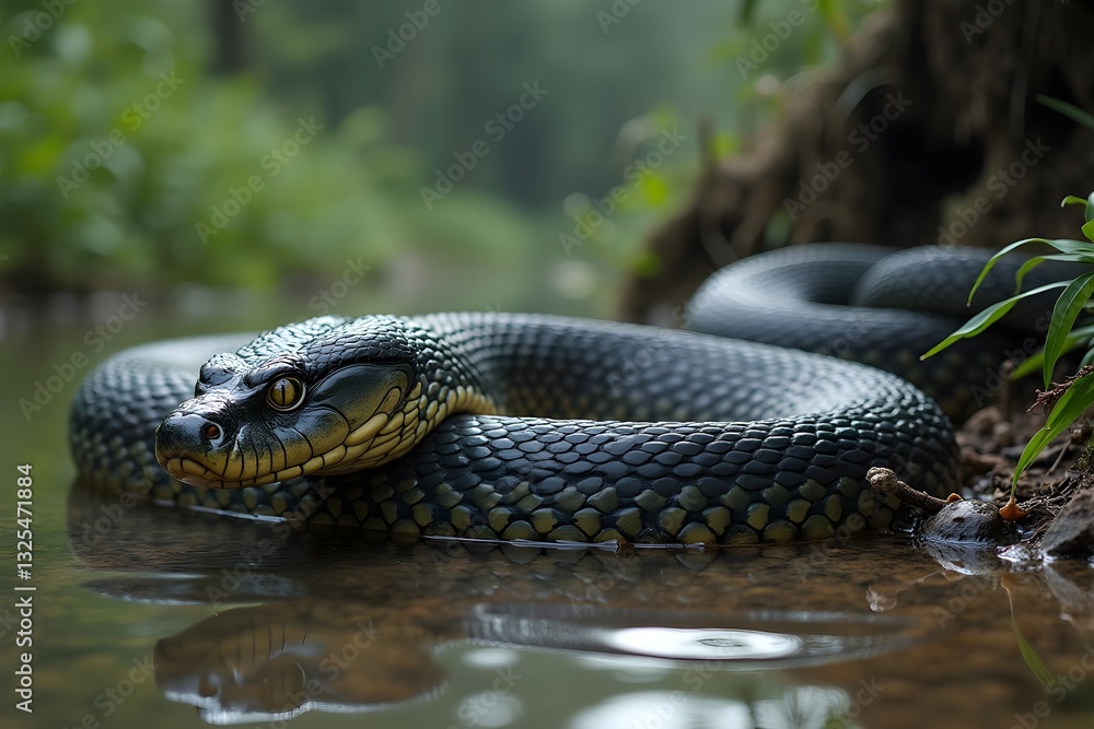 A Giant Anaconda Coiled Near a Riverbank in the Wild A Giant Anaconda Coiled Near a Riverbank in the Wild