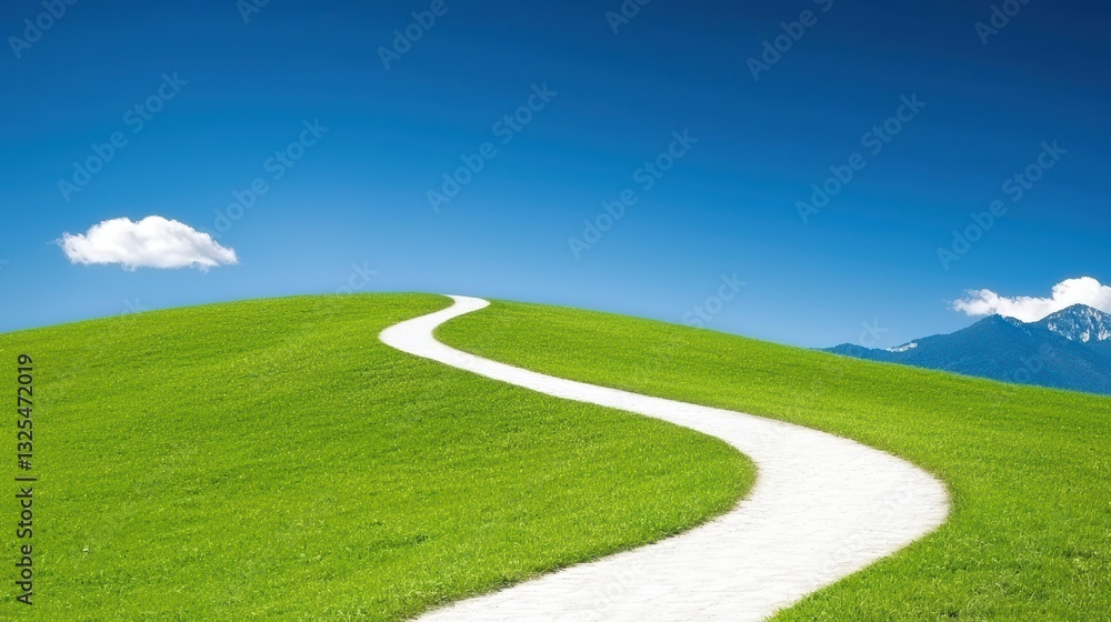 Obraz premium A winding white path leads through vibrant green hills under a clear blue sky, creating a serene landscape.
