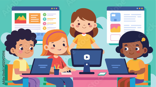 In a classroom setting a group of kids engaged in a fun game of coding challenges learning HTML and CSS while competing against each other.. Vector illustration