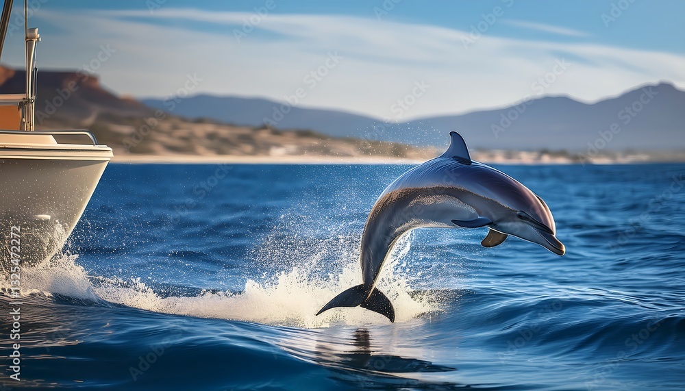 Fototapeta premium Playful Dolphin Leaping Beside a Boat on Sunlit Ocean Waves