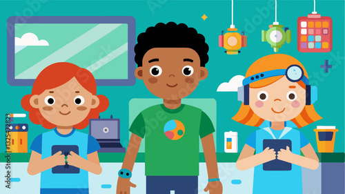 In the maker space children proudly display their homemade wearable technology made with the help of coding and electronic components.. Vector illustration