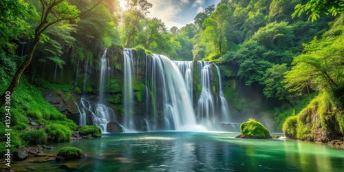 Stunning waterfall surrounded by lush green forest, nature, serene,  nature, serene, forest