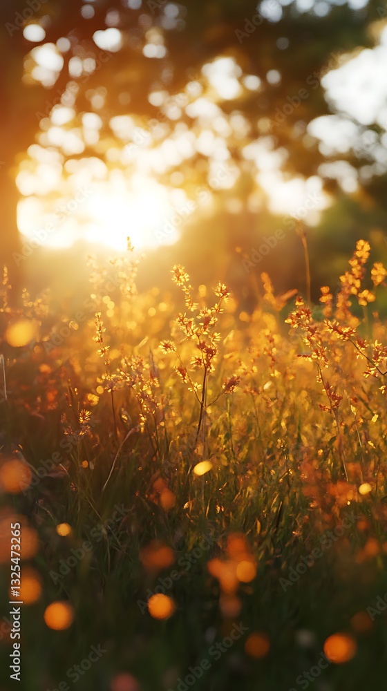 Naklejka premium A sunlit meadow filled with golden flowers, creating a serene and peaceful atmosphere.