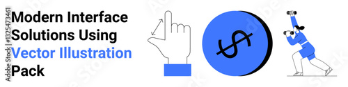 Hand gesture interacting with interface, dollar sign in blue circle, woman with binoculars seeking opportunities. Ideal for UIUX, finance, startups, marketing, technology, exploration flat landing