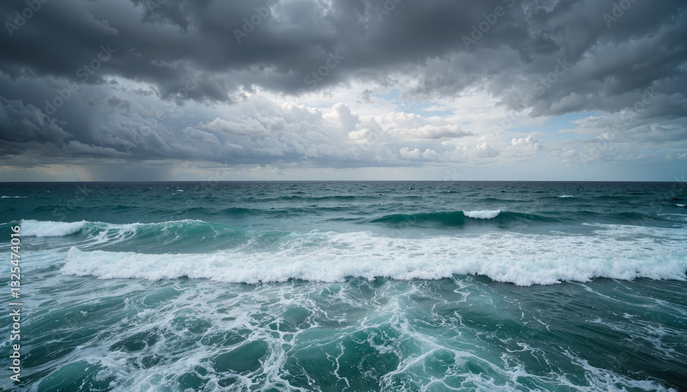 Fototapeta premium Dramatic ocean waves crashing under stormy clouds, nature's power