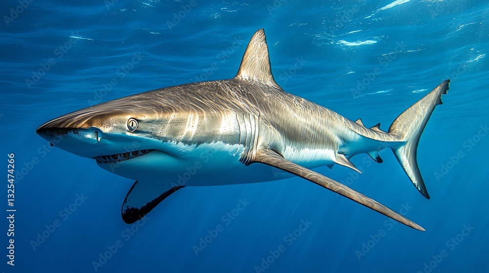 Obraz premium Great White Shark Swimming Underwater in Ocean with Sun Rays