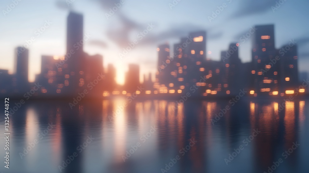 Fototapeta premium A blurred cityscape at sunset, reflecting lights on water, creating a serene atmosphere.