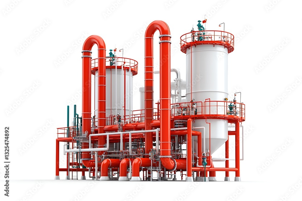 Obraz premium A complex industrial structure with large silos and interconnected pipes, showcasing a modern manufacturing setup.