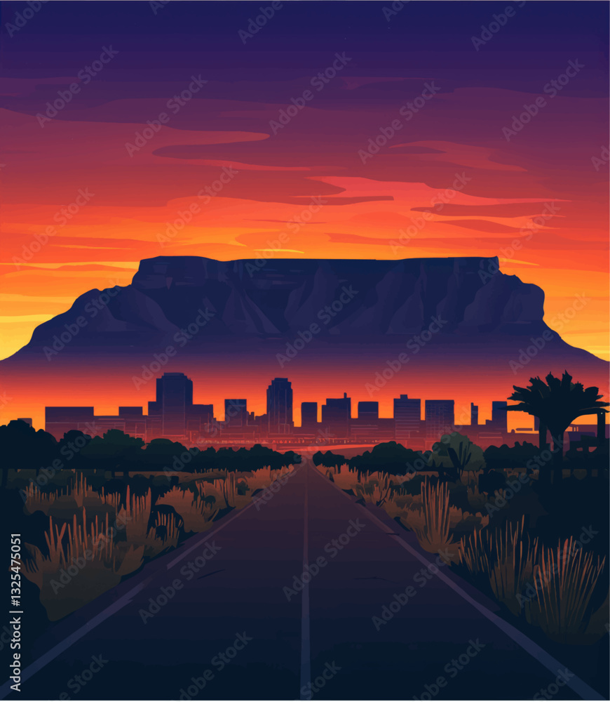 Stunning Vector Art of Cape Town's Iconic Table Mountain at Sunset with Silhouette Cityscape and Vibrant Sky - Perfect for Travel and Landscape Enthusiasts