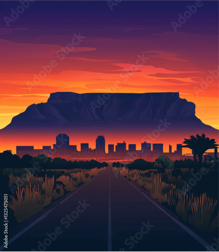 Obraz na płótnie Stunning Vector Art of Cape Town's Iconic Table Mountain at Sunset with Silhouette Cityscape and Vibrant Sky - Perfect for Travel and Landscape Enthusiasts w salonie