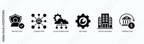 Business And Tech Essentials Icon Set Icon Set Isolated Vector Illustration Concept With Icon Of Protection, Connection, Cloud Computing, Settings, Office Building, Transaction In Glyph Style