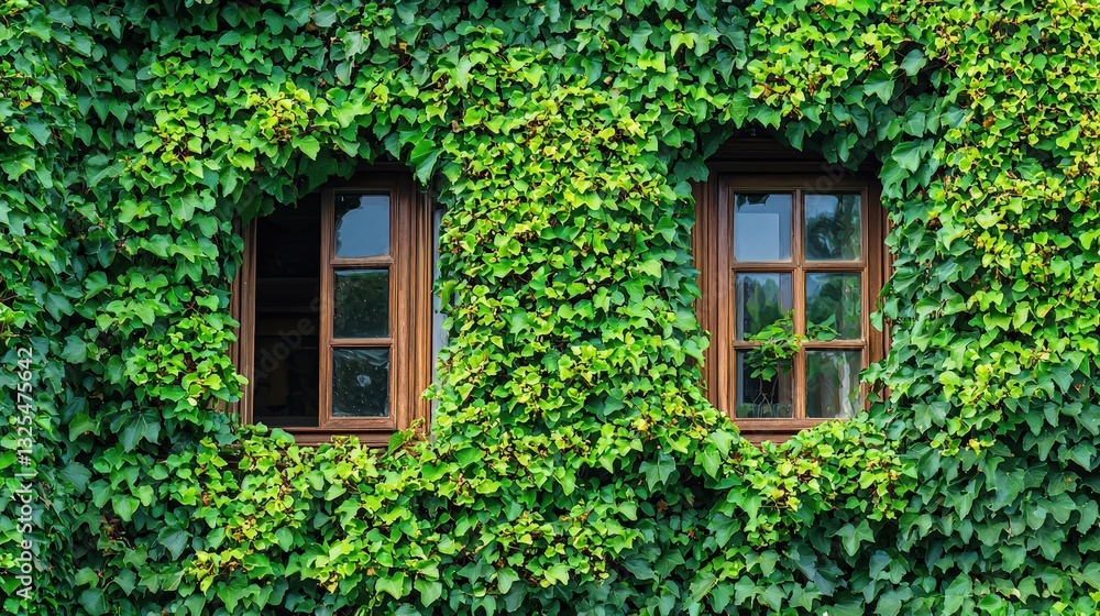 A charming green wall featuring two surrounded by lush vegetation in a natural setting A charming green wall featuring two surrounded by lush vegetation in a natural setting