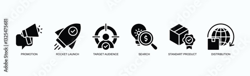 Growth And Strategy Icon Set Icon Set Isolated Vector Illustration Concept With Icon Of Promotion, Rocket Launch, Target Audience, Search, Standart Product, Distribution In Glyph Style