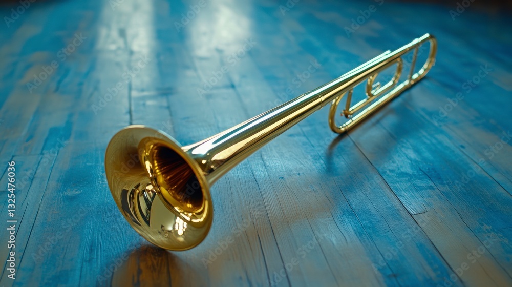 Naklejka premium Golden Trombone on Wooden Floor Surface in Bright Lighting