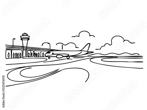 Airport scene with airplane and control tower on transparent background