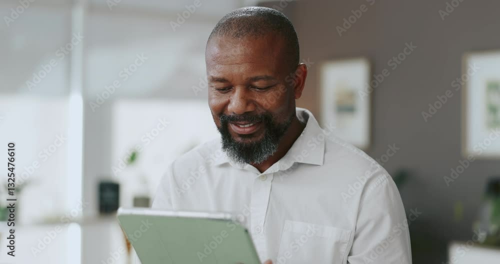Office, black man and smile with tablet for research, financial information or accountant with scroll. Happy, mature person or business consultant with digital for investment, report review or online Office, black man and smile with tablet for research, financial information or accountant with scroll. Happy, mature person or business consultant with digital for investment, report review or online