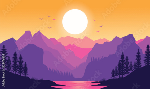 Beautiful Mountains River Nature Landscape with Canyon and Sun at Sunset Sunrise