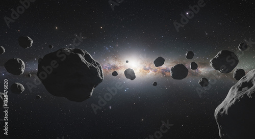 A breathtaking view of rocky asteroids soaring through the vast expanse of outer space, illuminated by the faint light of distant stars and galaxies, evoking a sense of cosmic wonder