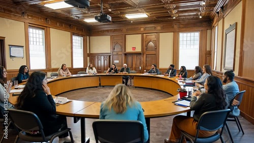 Diverse group collaboration and brainstorming in a unique round table meeting room setting