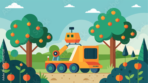 Using artificial intelligence an automated fruit harvester navigates through orchards analyzing tree branches and deciding the best approach for harvesting.. Vector illustration