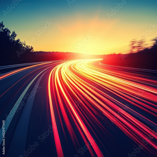 Serene highway scene captured during sunset with beautiful colors blending in the evening sky