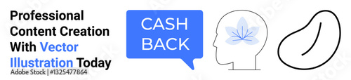 Cashback speech bubble, human profile with creative leaf design, and simple teardrop shape. Ideal for branding, creativity, cashback offers, advertising, modern design, innovation flat landing page