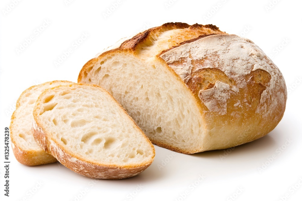 Freshly baked loaf of bread showing its crumb and slices on white background Freshly baked loaf of bread showing its crumb and slices on white background