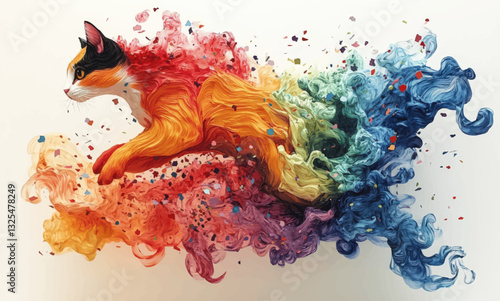 Dynamic Multicolored Cat Vector Art: Vibrant Rainbow Swirls and Splashes, Abstract Calico, Modern Digital Artwork for Creative Design Inspiration