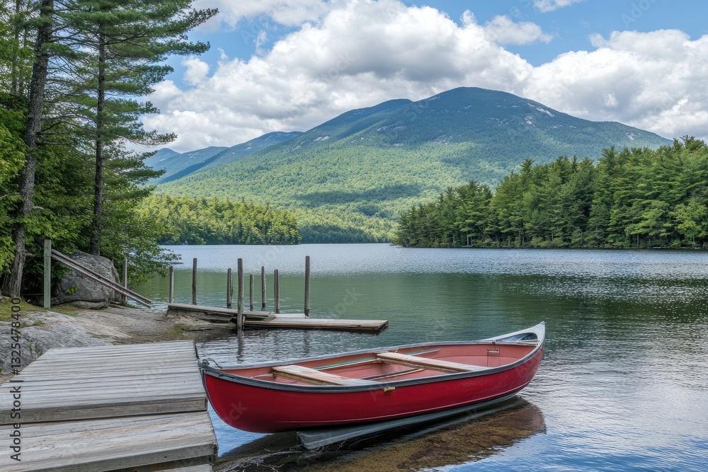 Serene lake scene with red canoe and mountains. Tranquil waters, wooden dock, and lush forest backdrop Serene lake scene with red canoe and mountains. Tranquil waters, wooden dock, and lush forest backdrop