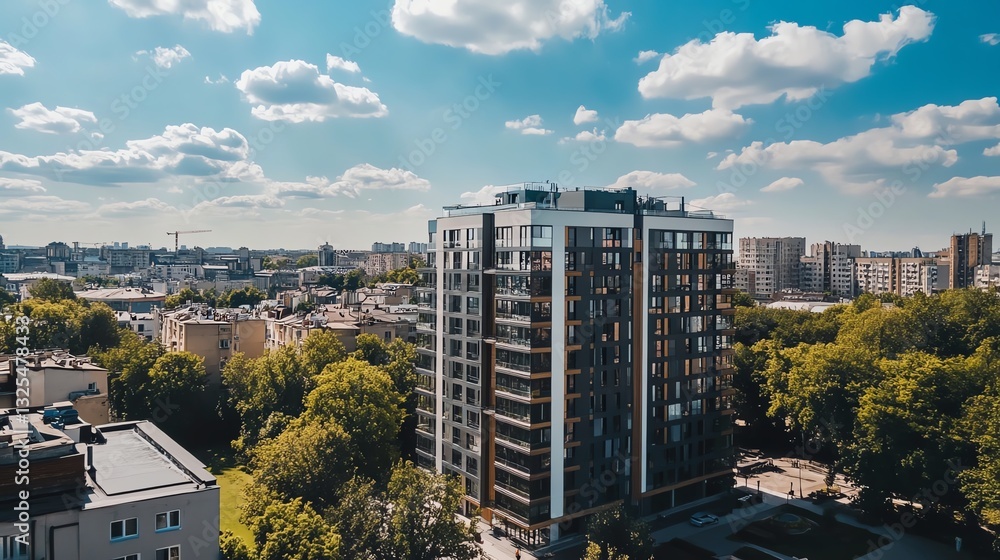 Fototapeta premium A modern residential building surrounded by trees under a bright blue sky with fluffy clouds in a vibrant urban landscape.