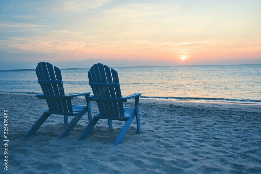 Two blue Adirondack chairs on a sandy beach at sunset Two blue Adirondack chairs on a sandy beach at sunset
