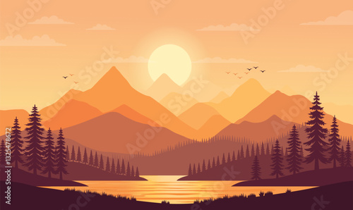 Peaceful Mountains Nature Landscape with River View and Sun at Sunset Sunrise